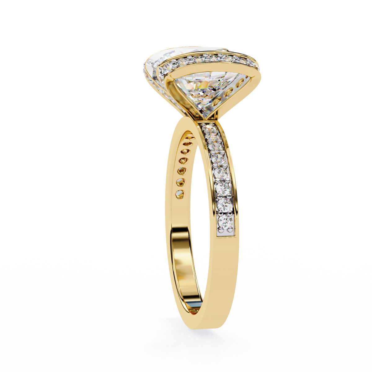 Yellow Gold Cushion Cut Diamond Ring with Vertical Pavé Side Panels