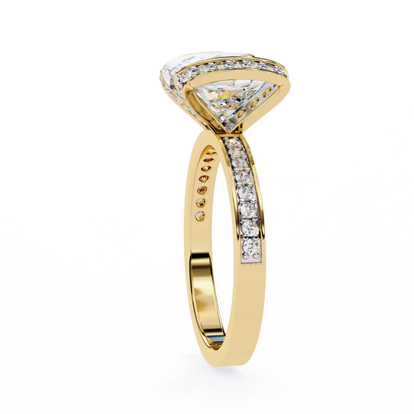 Yellow Gold Cushion Cut Diamond Ring with Vertical Pavé Side Panels