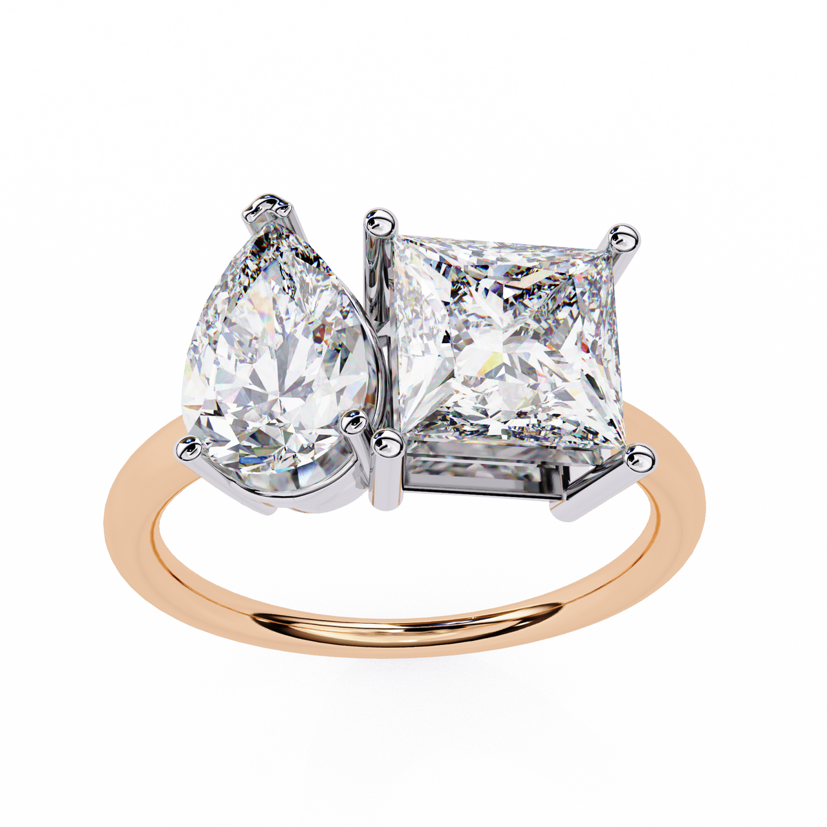 Rose Gold Toi et Moi Pear and Princess Cut Two Stone Diamond Ring