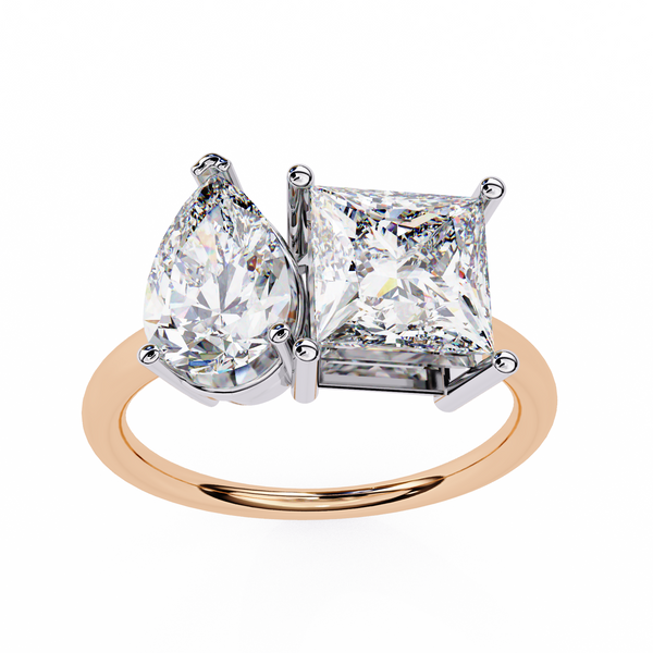 Rose Gold Toi et Moi Pear and Princess Cut Two Stone Diamond Ring