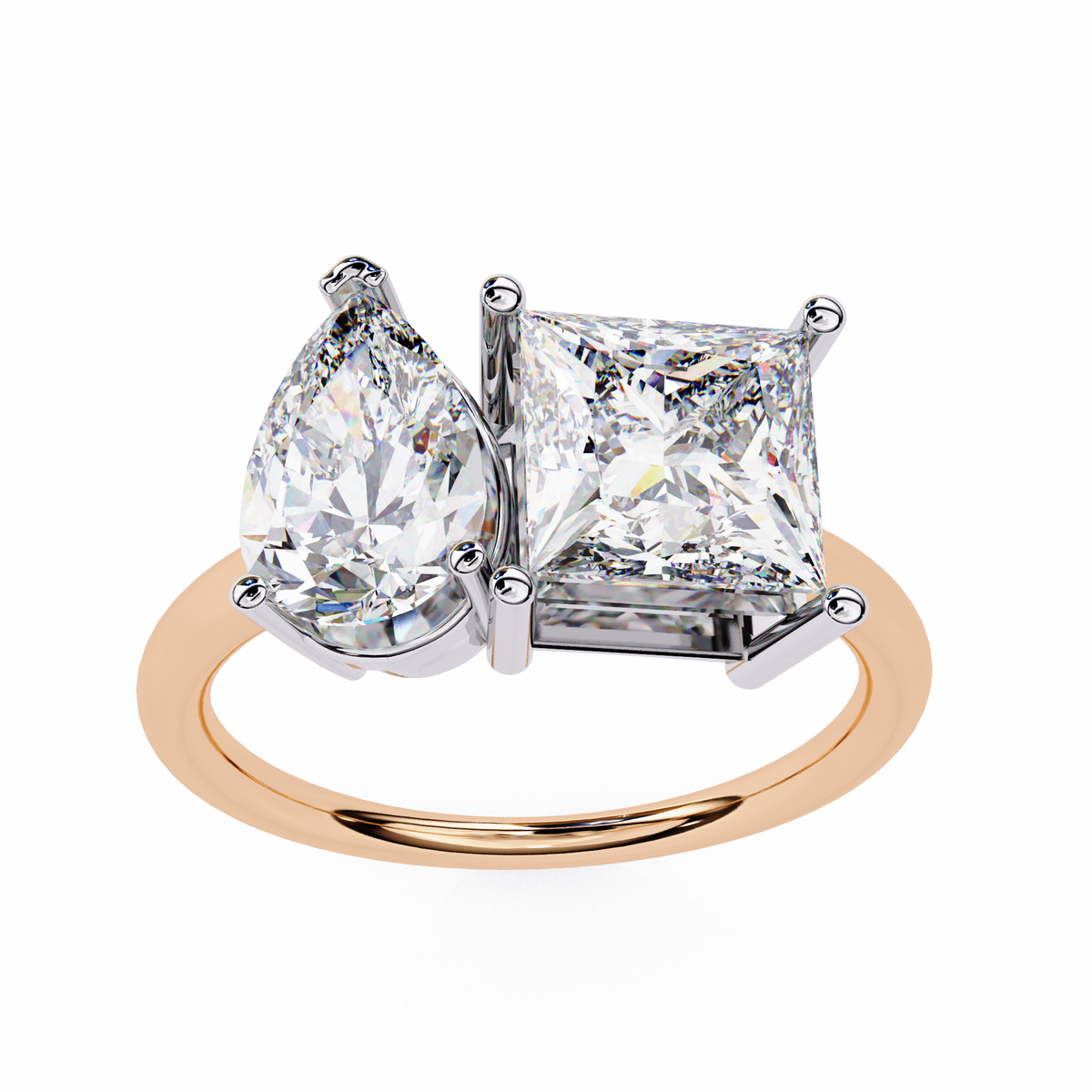 Rose Gold Toi et Moi Pear and Princess Cut Two Stone Diamond Ring