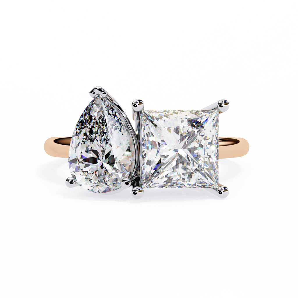 Rose Gold Toi et Moi Pear and Princess Cut Two Stone Diamond Ring