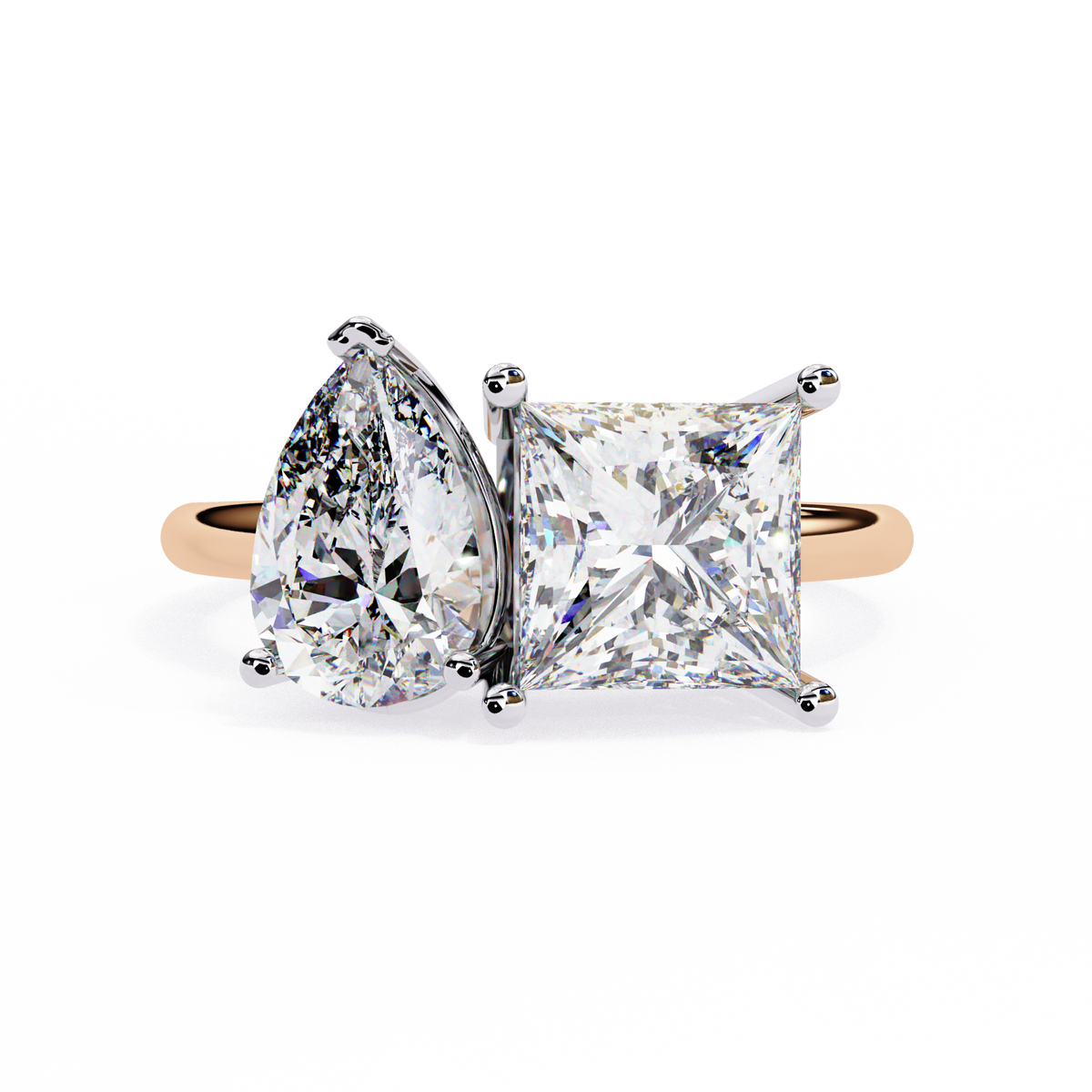 Rose Gold Toi et Moi Pear and Princess Cut Two Stone Diamond Ring