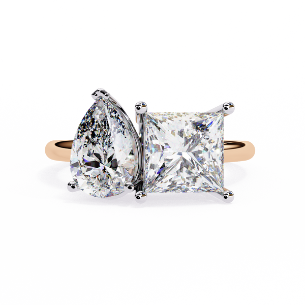 Rose Gold Toi et Moi Pear and Princess Cut Two Stone Diamond Ring