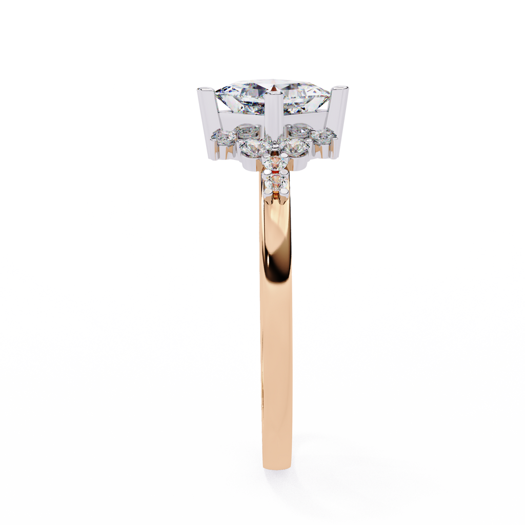 Rose Gold Kite-Set Princess Cut Diamond Ring with Scattered Cluster Accents