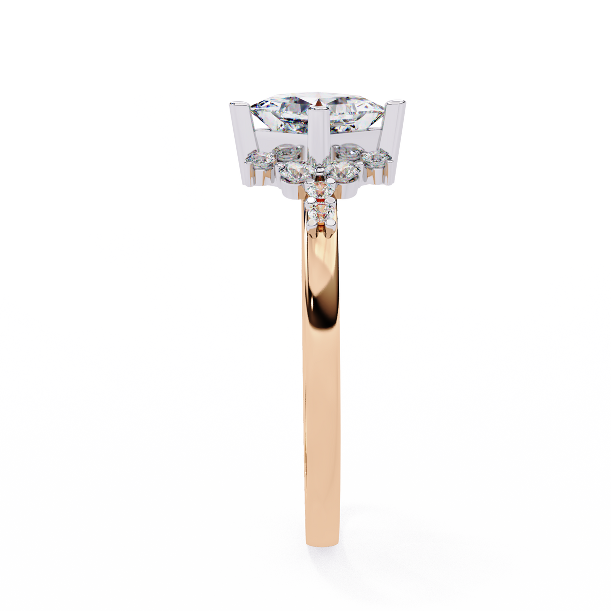 Rose Gold Kite-Set Princess Cut Diamond Ring with Scattered Cluster Accents