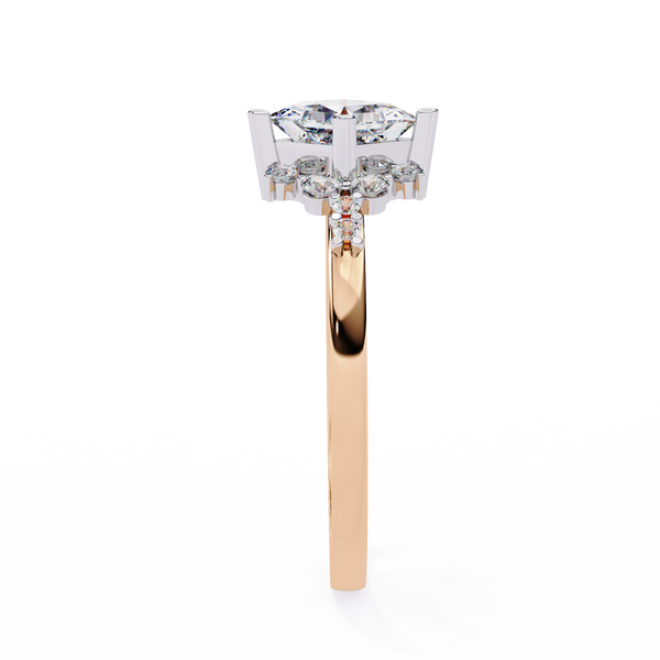 Rose Gold Kite-Set Princess Cut Diamond Ring with Scattered Cluster Accents