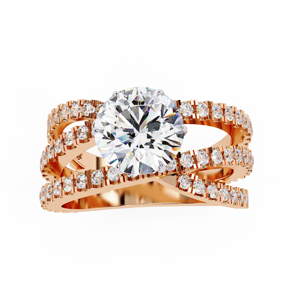 Rose Gold Round Brilliant Diamond Ring with Triple Split Pavé Crossover Band