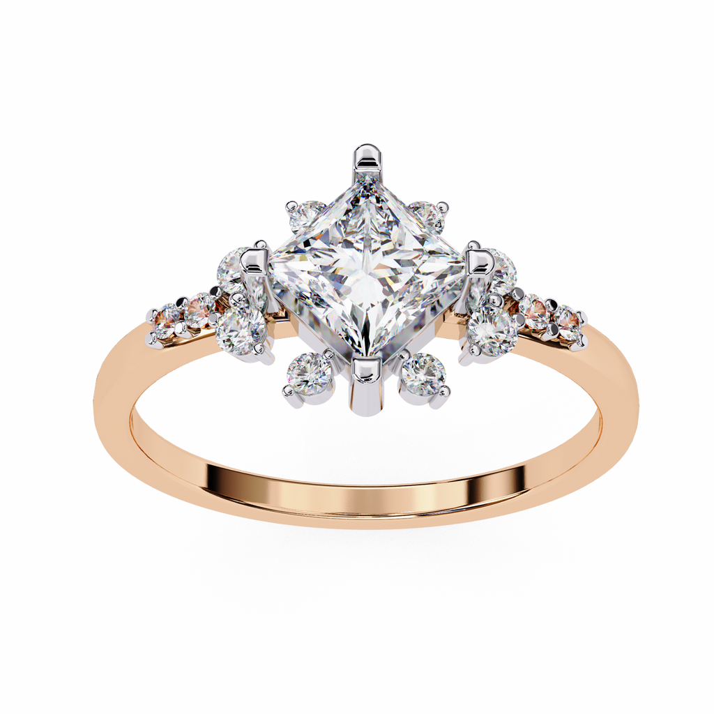 Rose Gold Kite-Set Princess Cut Diamond Ring with Scattered Cluster Accents