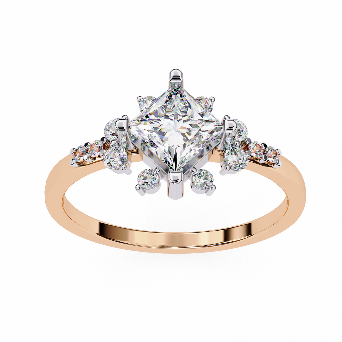 Rose Gold Kite-Set Princess Cut Diamond Ring with Scattered Cluster Accents
