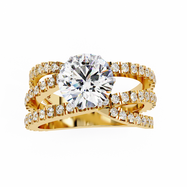 Yellow Gold Round Brilliant Diamond Ring with Triple Split Pavé Crossover Band