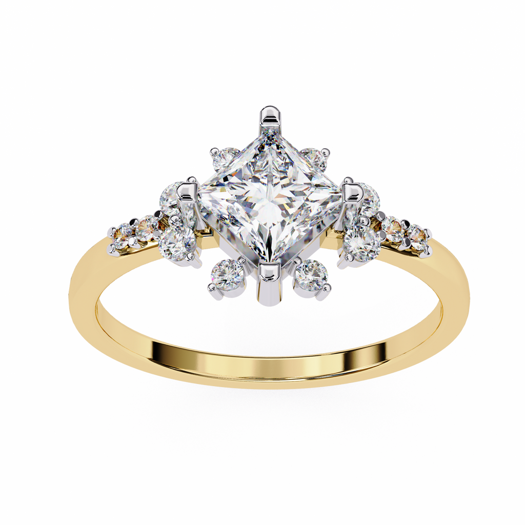 Yellow Gold Kite-Set Princess Cut Diamond Ring with Scattered Cluster Accent