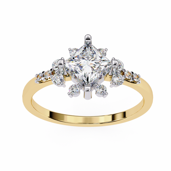 Yellow Gold Kite-Set Princess Cut Diamond Ring with Scattered Cluster Accent