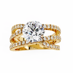 Yellow Gold Round Brilliant Diamond Ring with Triple Split Pavé Crossover Band
