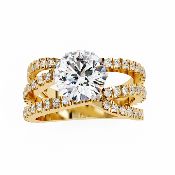 Yellow Gold Round Brilliant Diamond Ring with Triple Split Pavé Crossover Band