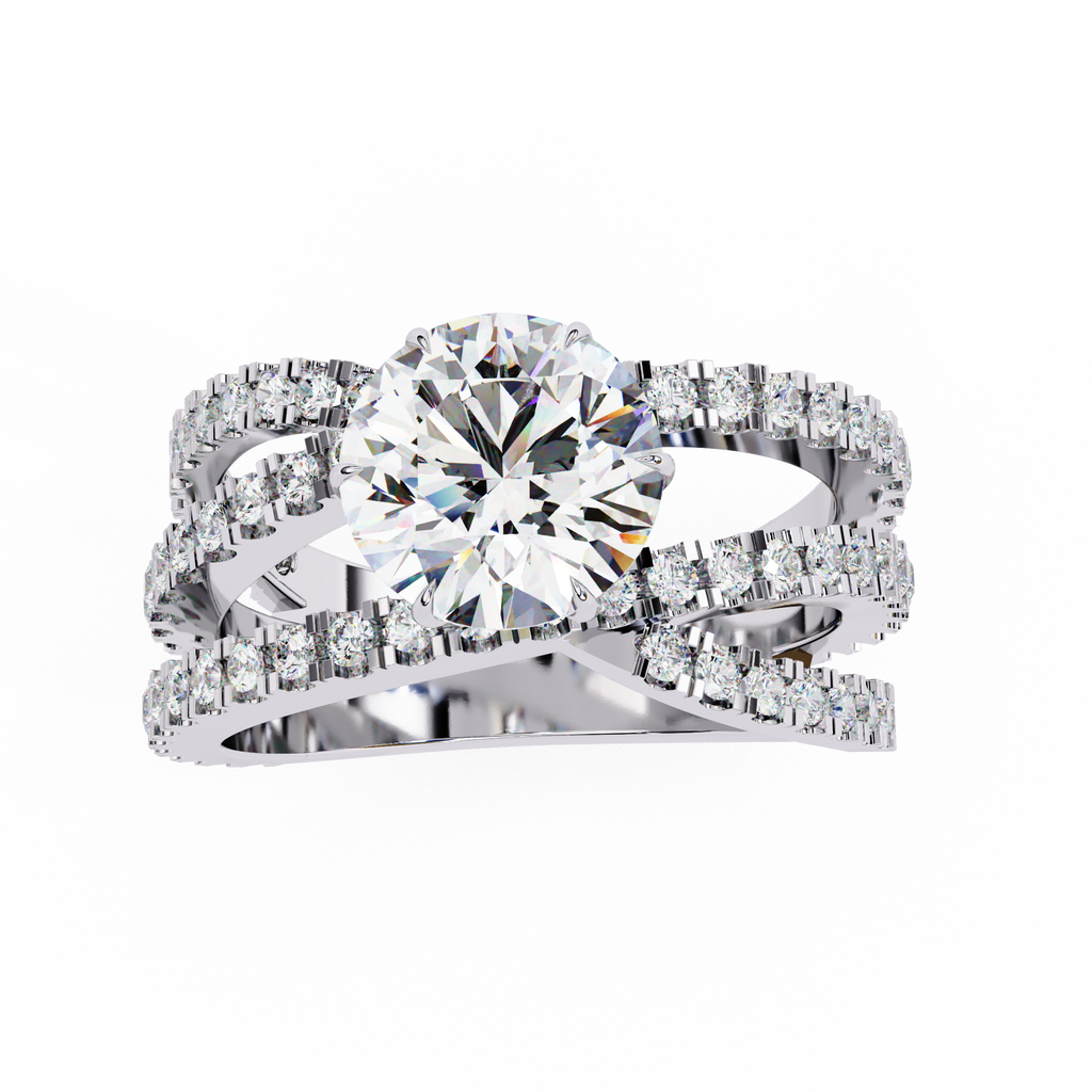 White Gold Round Brilliant Diamond Ring with Triple Split Pavé Crossover Band