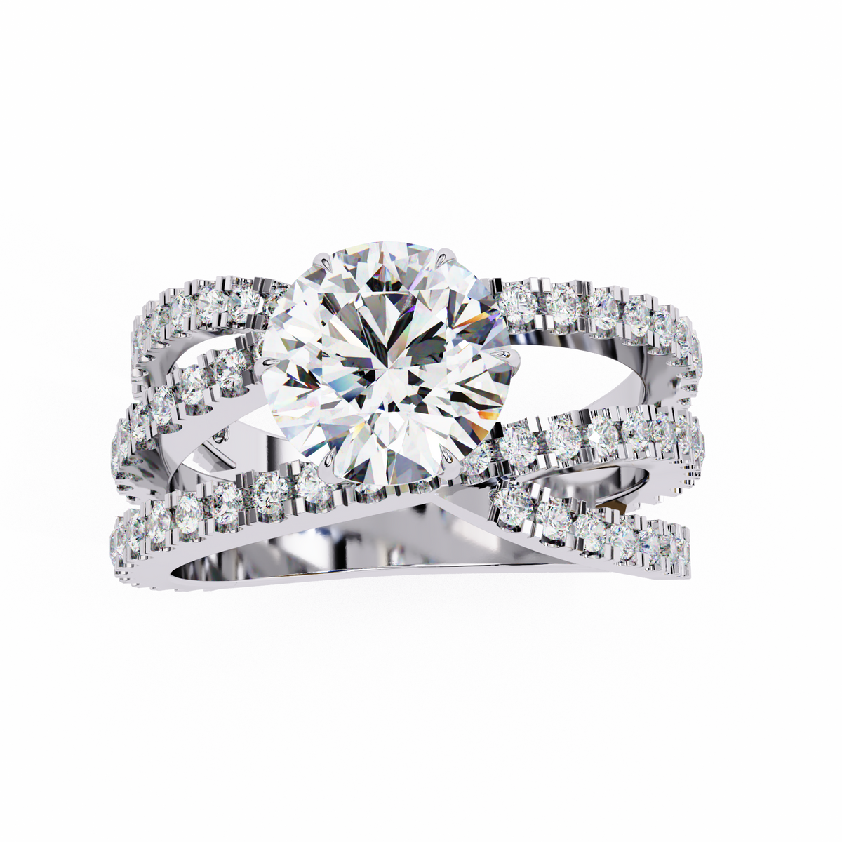 White Gold Round Brilliant Diamond Ring with Triple Split Pavé Crossover Band