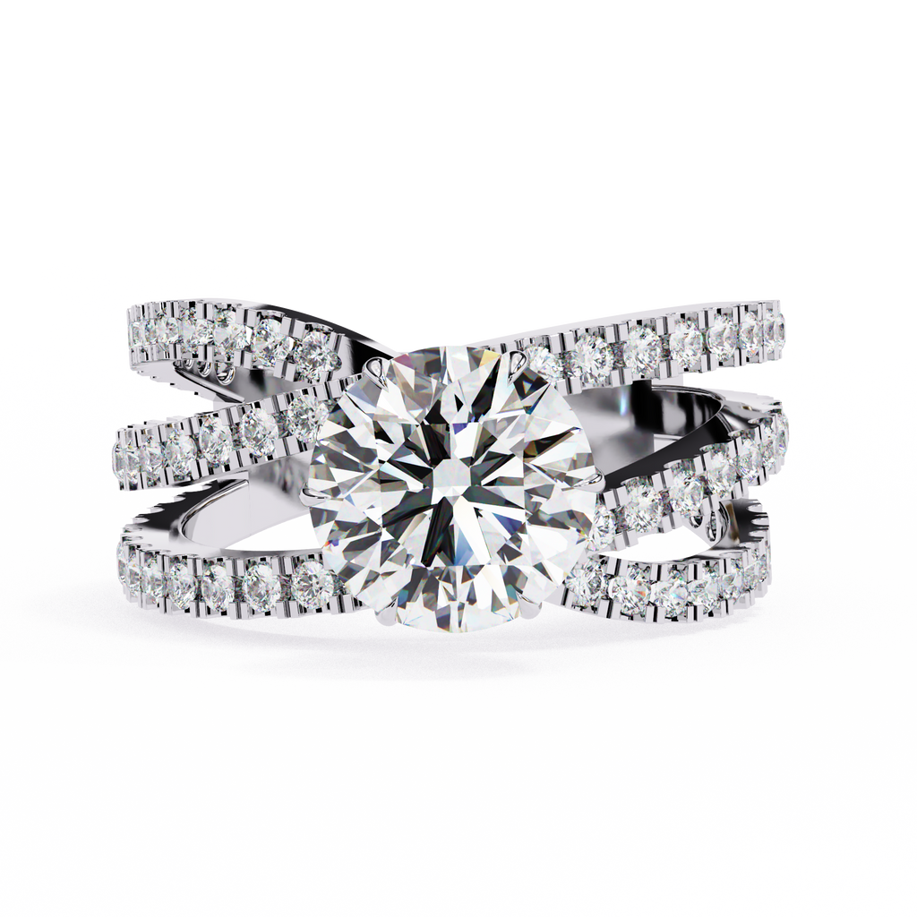 White Gold Round Brilliant Diamond Ring with Triple Split Pavé Crossover Band