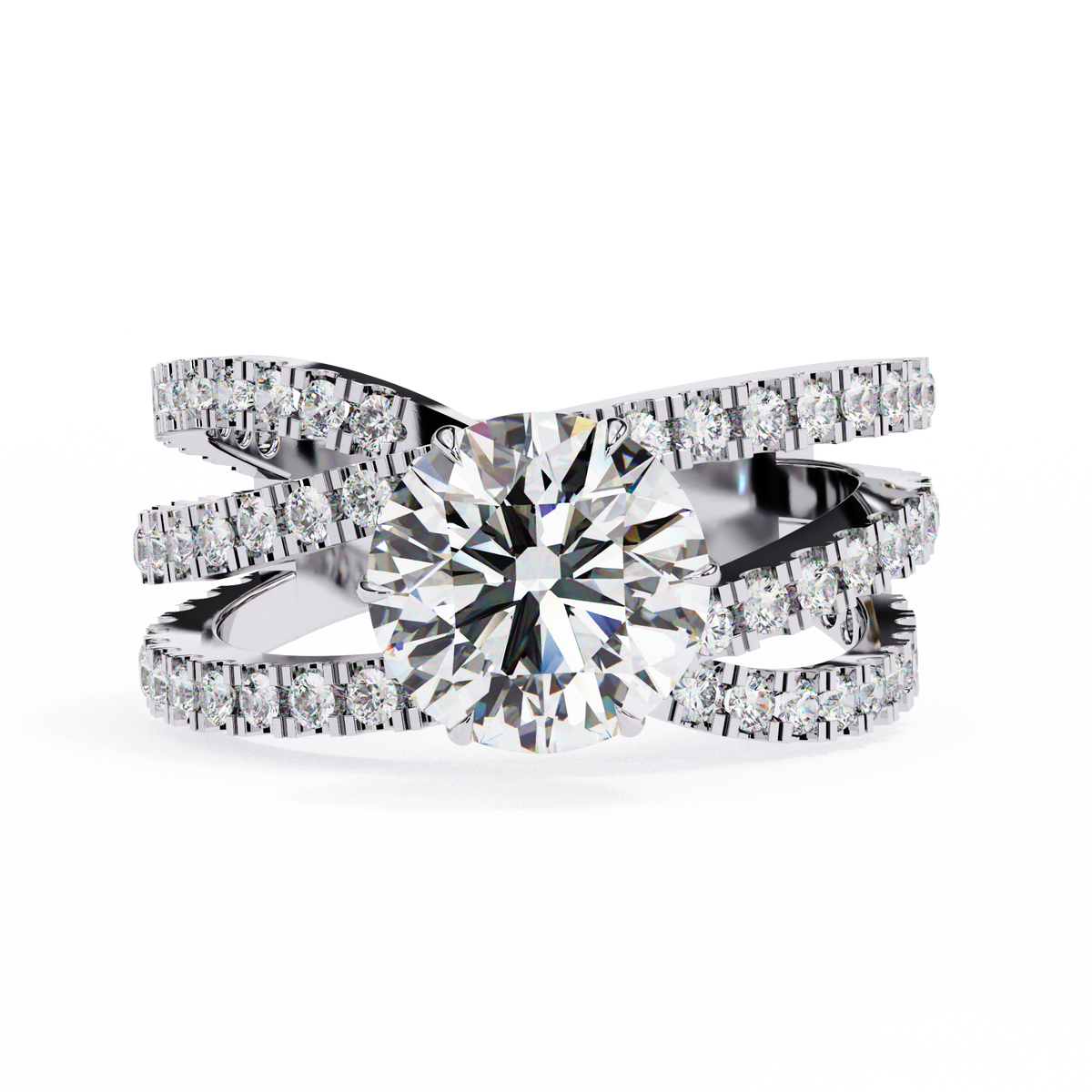 White Gold Round Brilliant Diamond Ring with Triple Split Pavé Crossover Band