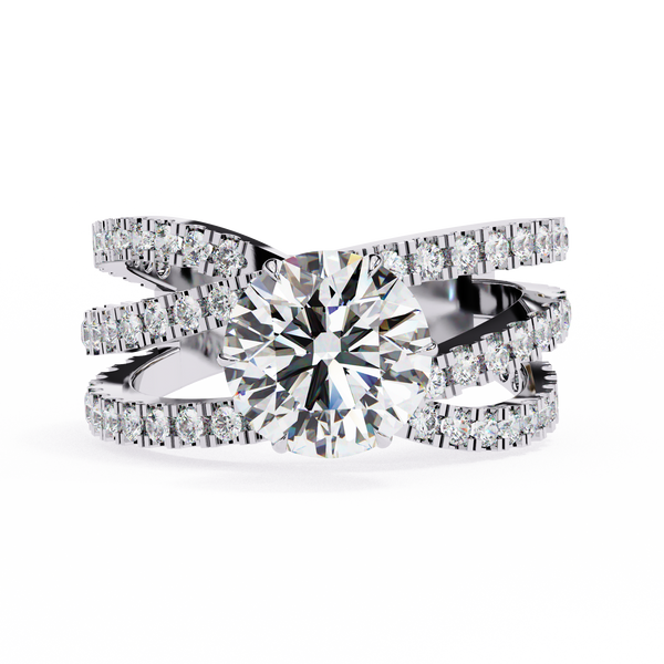 White Gold Round Brilliant Diamond Ring with Triple Split Pavé Crossover Band