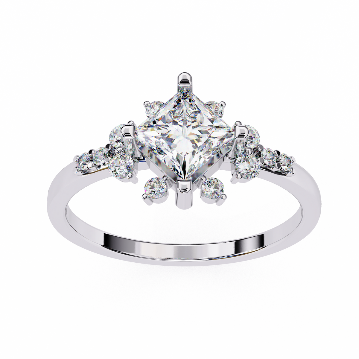 White Gold Kite-Set Princess Cut Diamond Ring with Scattered Cluster Accents