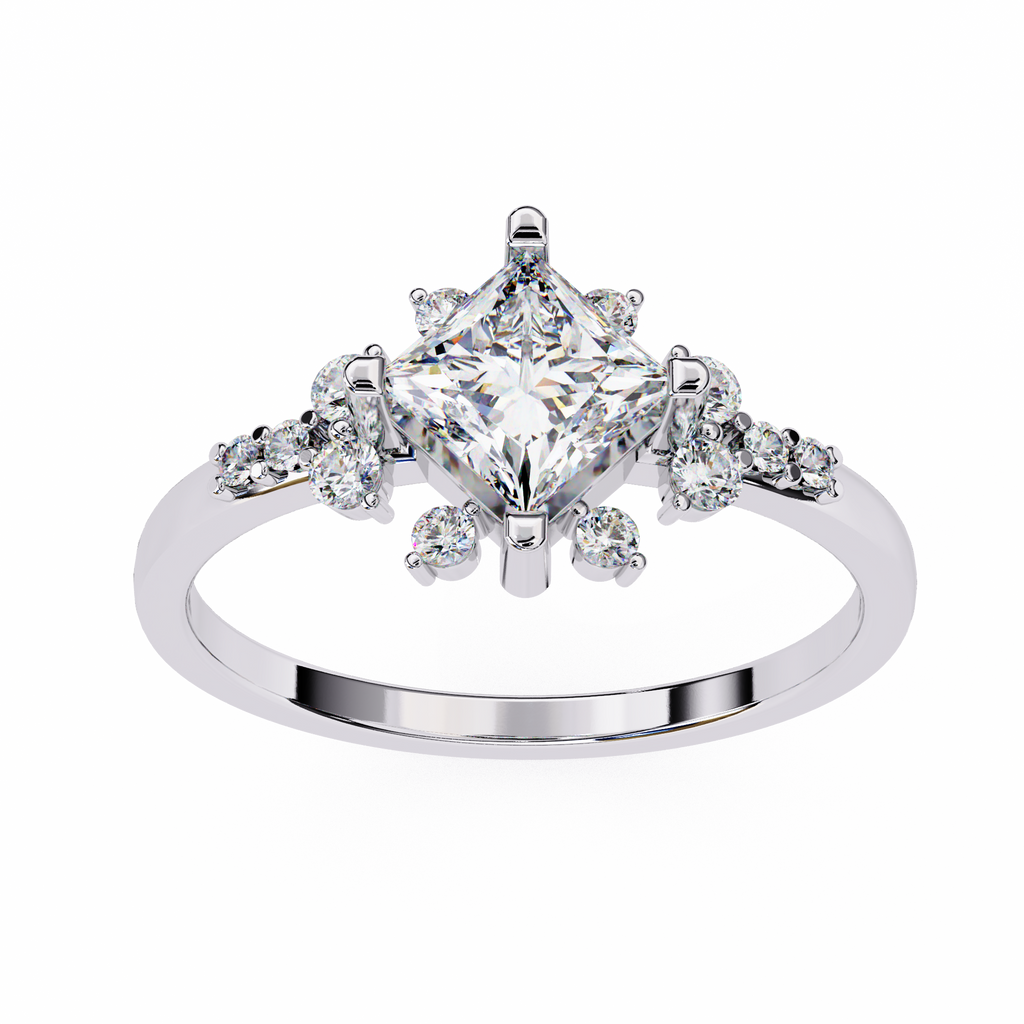 White Gold Kite-Set Princess Cut Diamond Ring with Scattered Cluster Accents