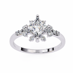 White Gold Kite-Set Princess Cut Diamond Ring with Scattered Cluster Accents