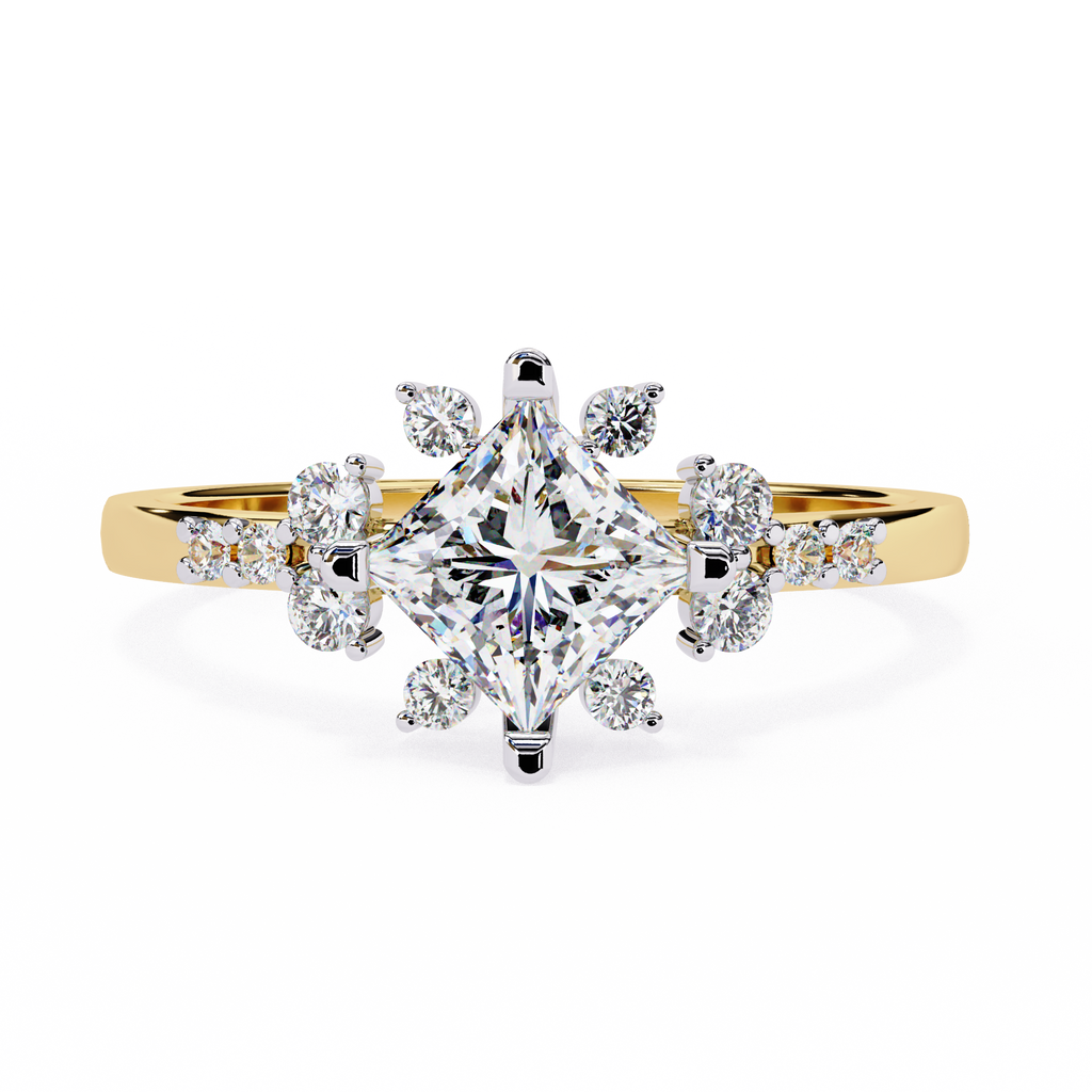 Yellow Gold Kite-Set Princess Cut Diamond Ring with Scattered Cluster Accent