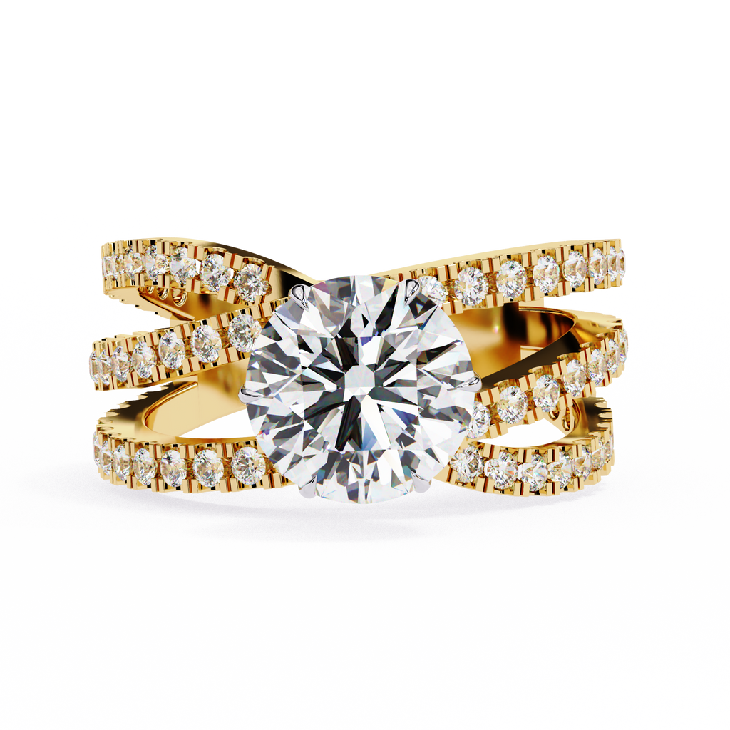 Yellow Gold Round Brilliant Diamond Ring with Triple Split Pavé Crossover Band