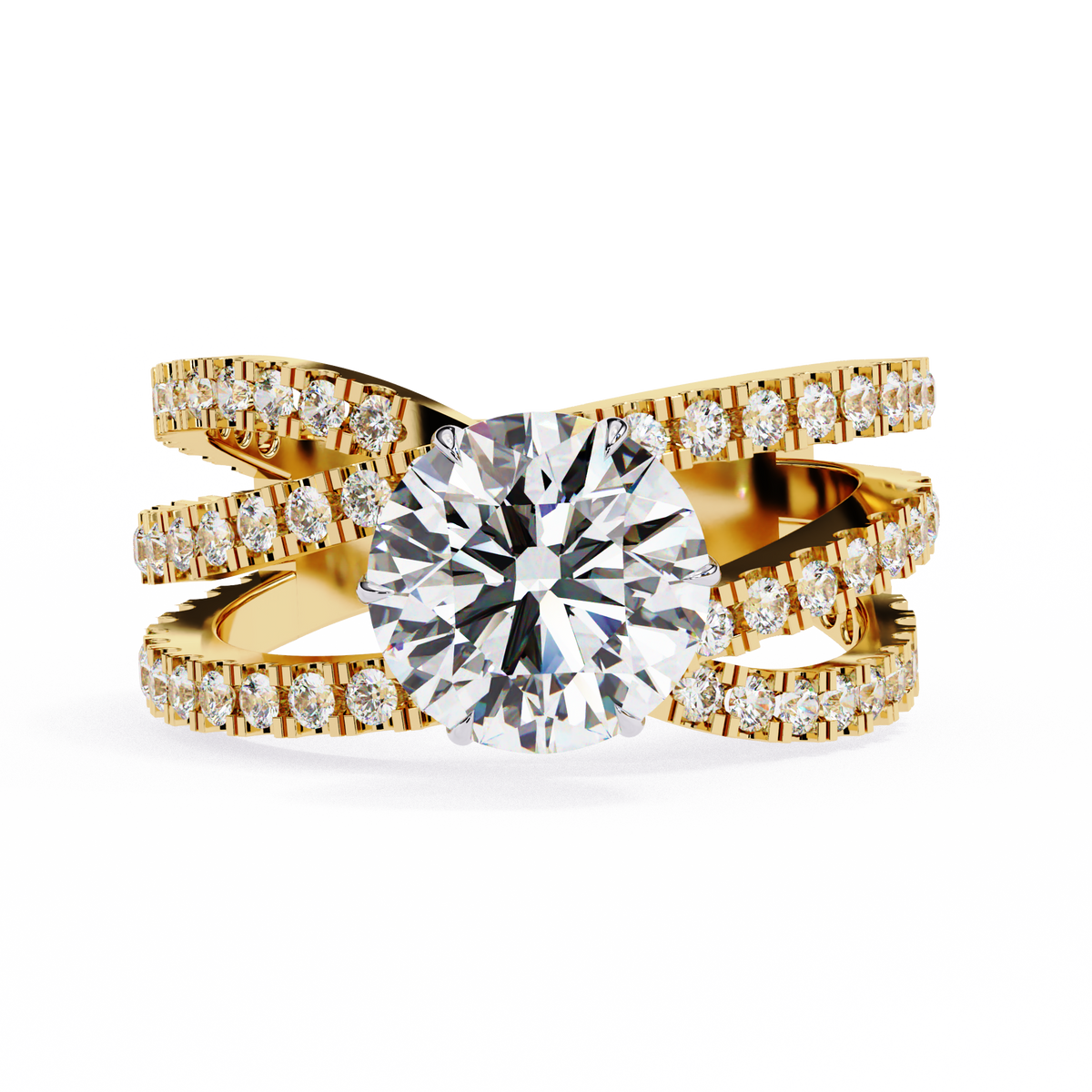 Yellow Gold Round Brilliant Diamond Ring with Triple Split Pavé Crossover Band
