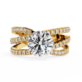 Yellow Gold Round Brilliant Diamond Ring with Triple Split Pavé Crossover Band