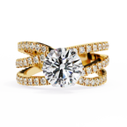 Yellow Gold Round Brilliant Diamond Ring with Triple Split Pavé Crossover Band