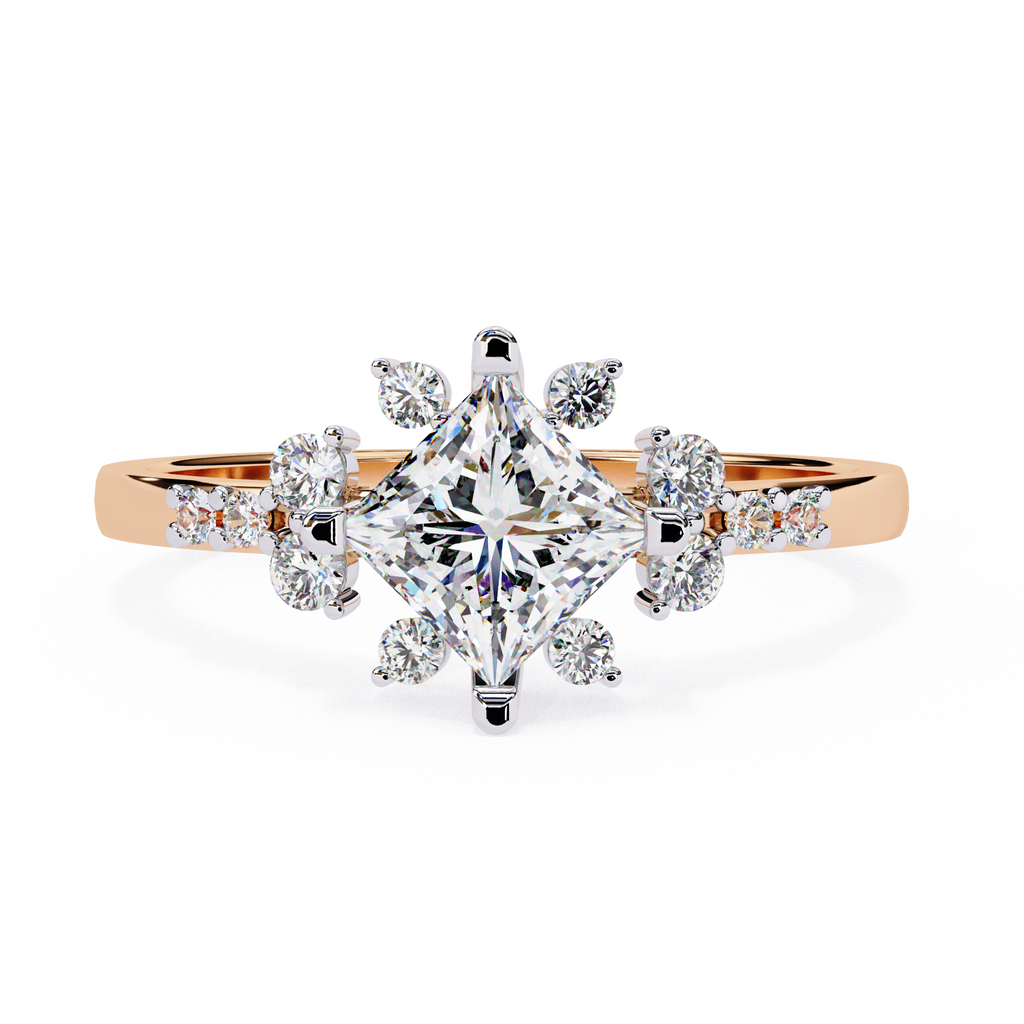 Rose Gold Kite-Set Princess Cut Diamond Ring with Scattered Cluster Accents