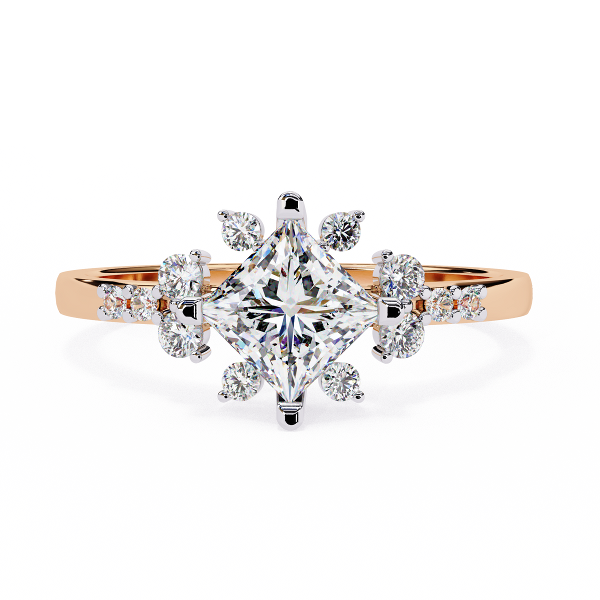 Rose Gold Kite-Set Princess Cut Diamond Ring with Scattered Cluster Accents