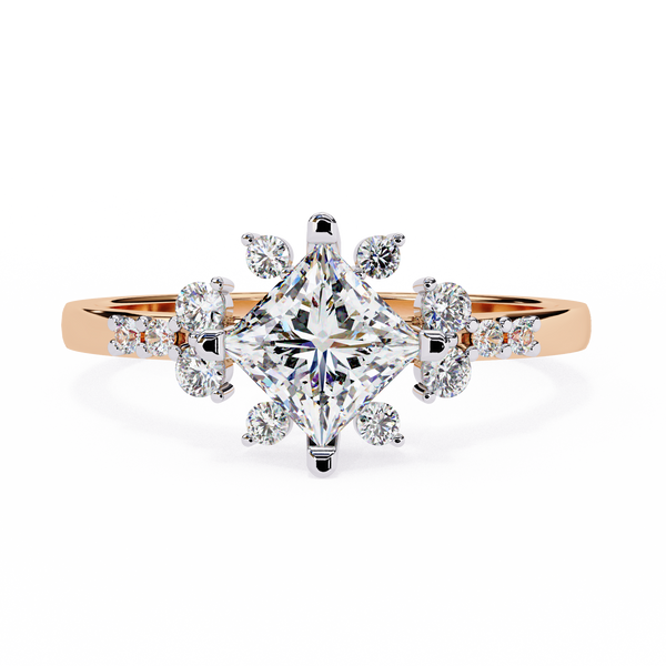 Rose Gold Kite-Set Princess Cut Diamond Ring with Scattered Cluster Accents