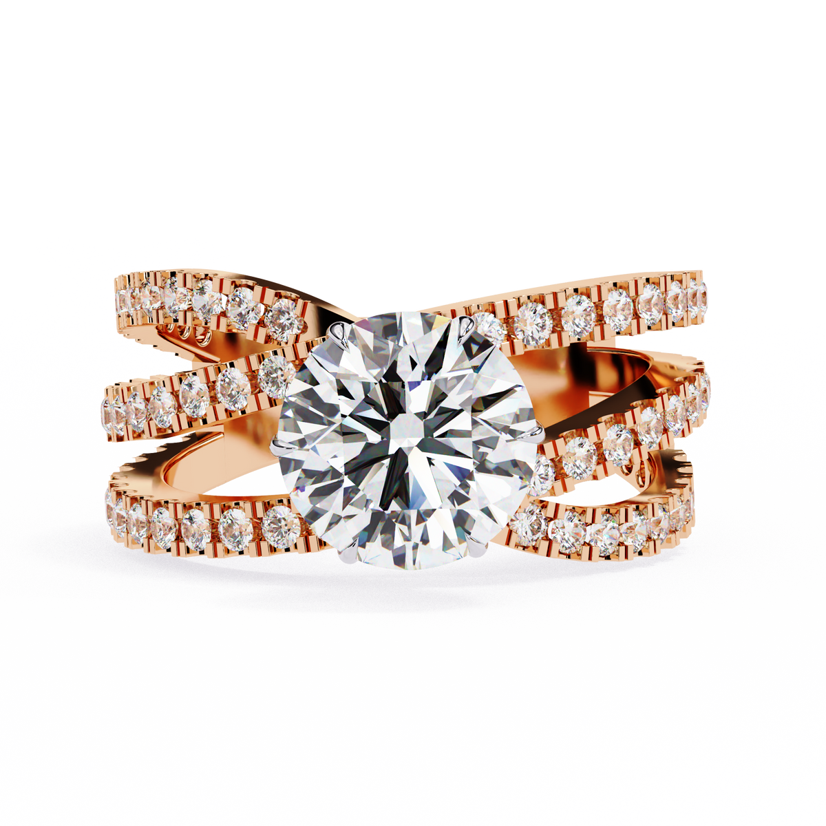Rose Gold Round Brilliant Diamond Ring with Triple Split Pavé Crossover Band