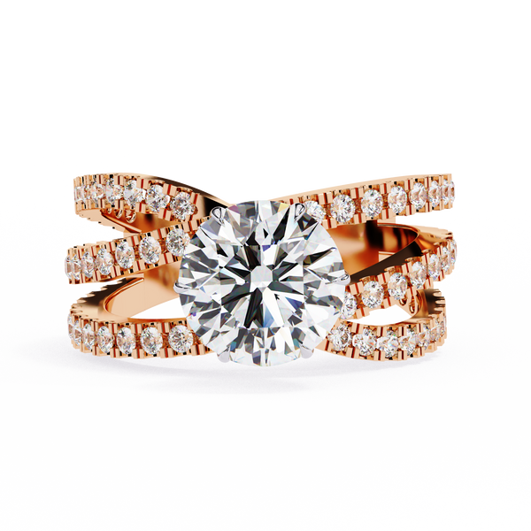 Rose Gold Round Brilliant Diamond Ring with Triple Split Pavé Crossover Band