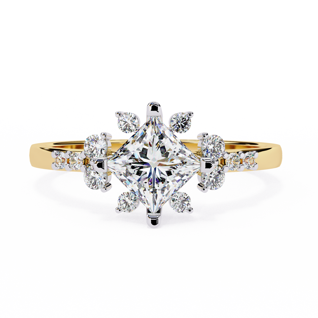 Yellow Gold Kite-Set Princess Cut Diamond Ring with Scattered Cluster Accent