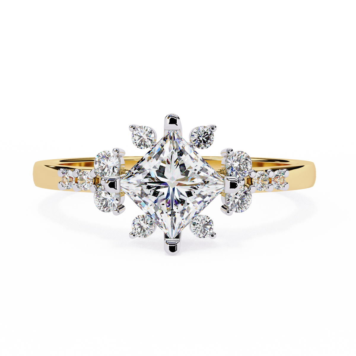 Yellow Gold Kite-Set Princess Cut Diamond Ring with Scattered Cluster Accent