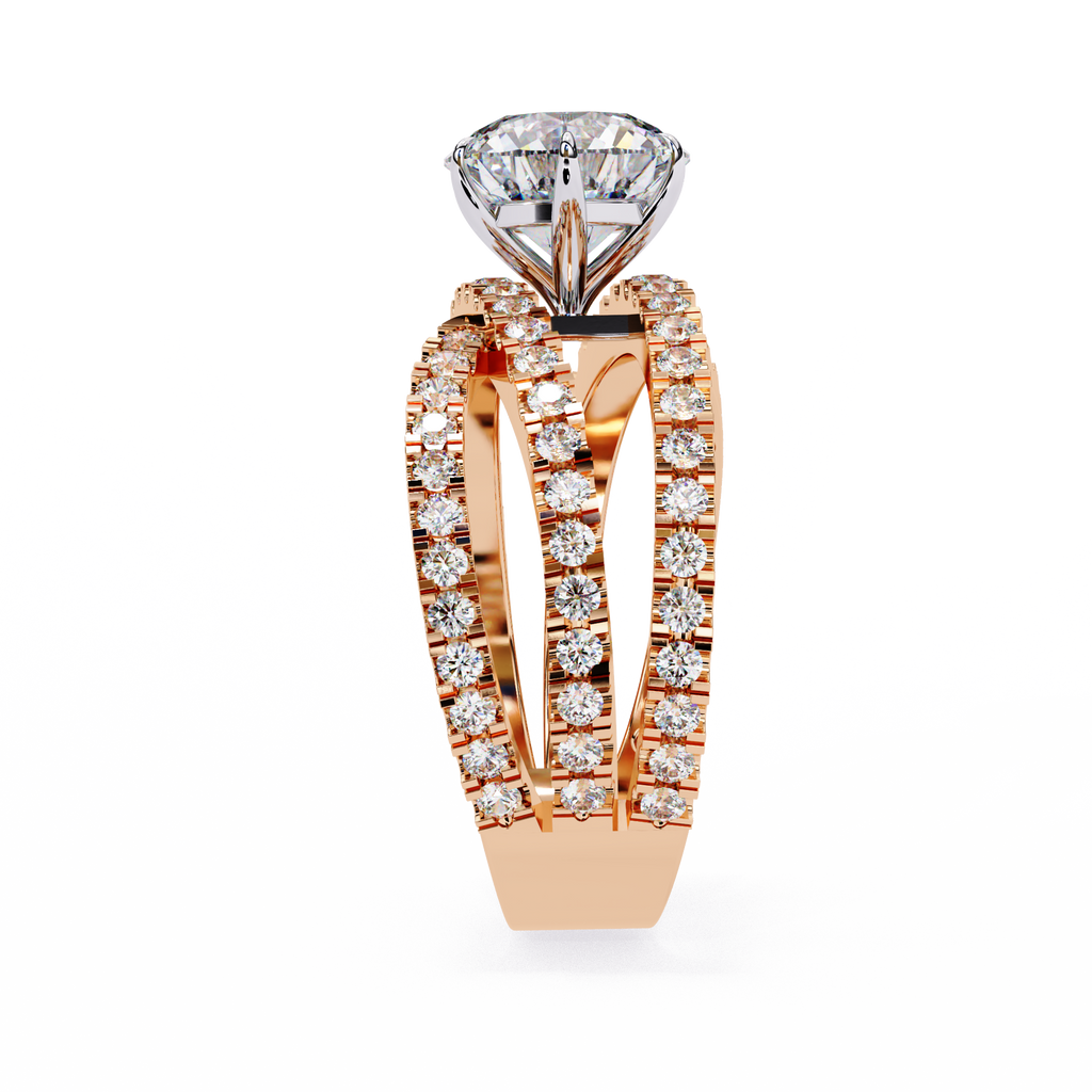Rose Gold Round Brilliant Diamond Ring with Triple Split Pavé Crossover Band