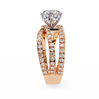 Rose Gold Round Brilliant Diamond Ring with Triple Split Pavé Crossover Band