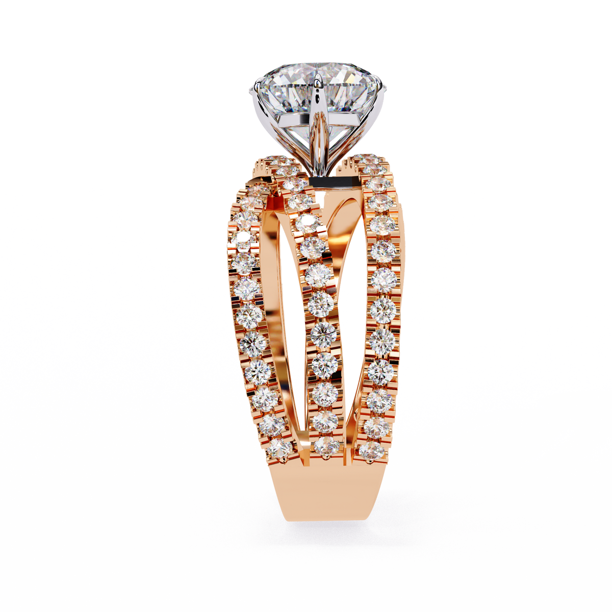 Rose Gold Round Brilliant Diamond Ring with Triple Split Pavé Crossover Band