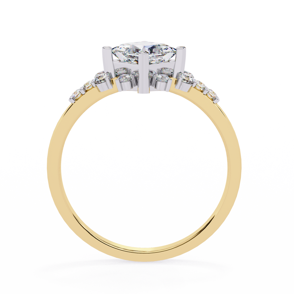Yellow Gold Kite-Set Princess Cut Diamond Ring with Scattered Cluster Accent
