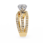 Yellow Gold Round Brilliant Diamond Ring with Triple Split Pavé Crossover Band
