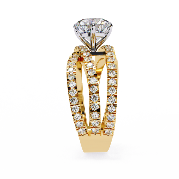 Yellow Gold Round Brilliant Diamond Ring with Triple Split Pavé Crossover Band
