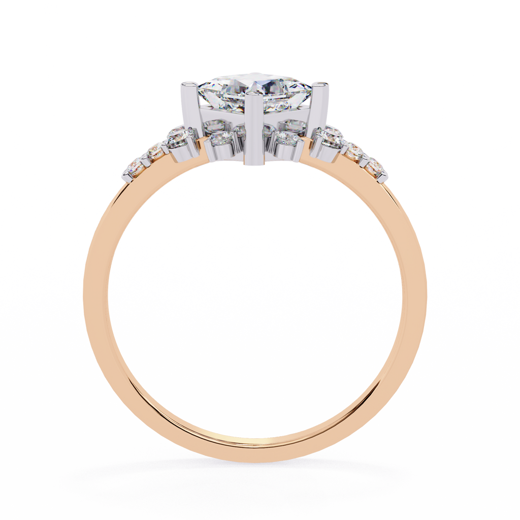 Rose Gold Kite-Set Princess Cut Diamond Ring with Scattered Cluster Accents
