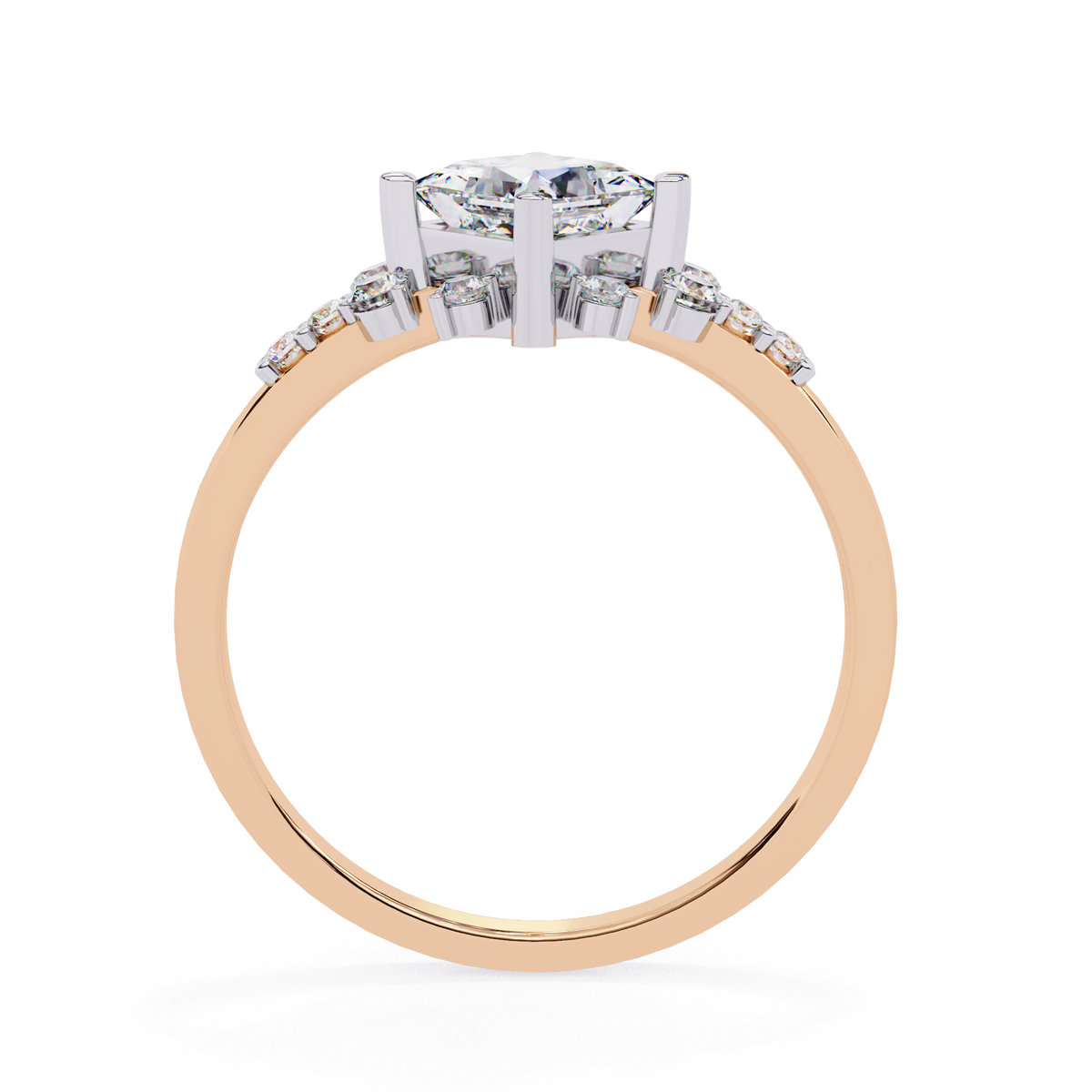 Rose Gold Kite-Set Princess Cut Diamond Ring with Scattered Cluster Accents