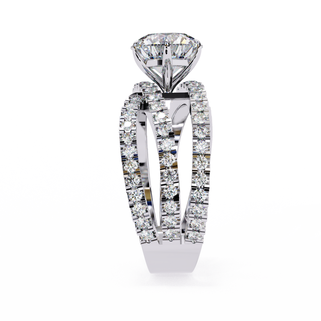 White Gold Round Brilliant Diamond Ring with Triple Split Pavé Crossover Band
