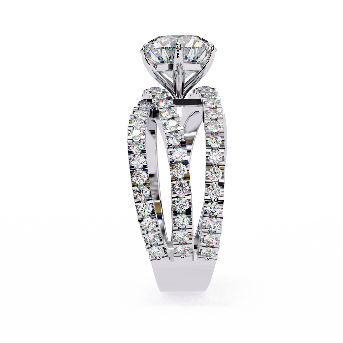 White Gold Round Brilliant Diamond Ring with Triple Split Pavé Crossover Band
