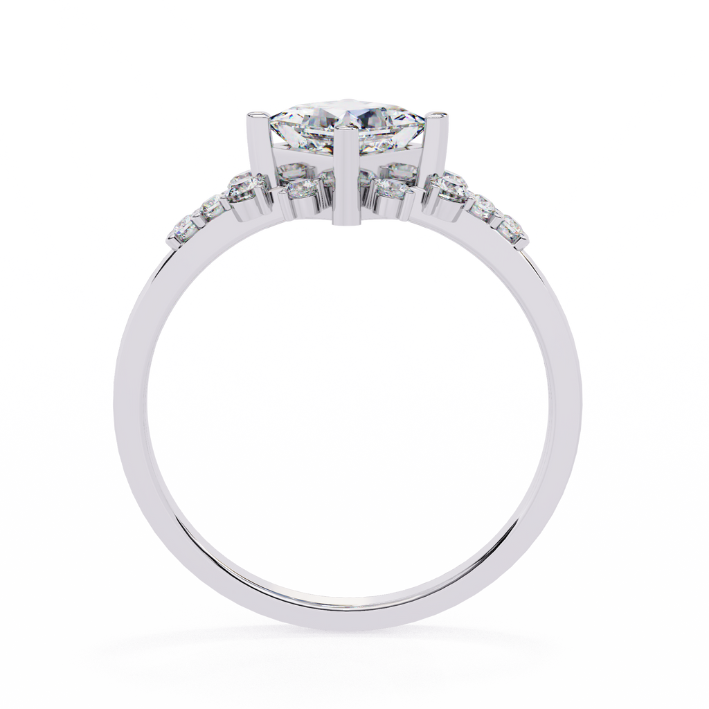 White Gold Kite-Set Princess Cut Diamond Ring with Scattered Cluster Accents